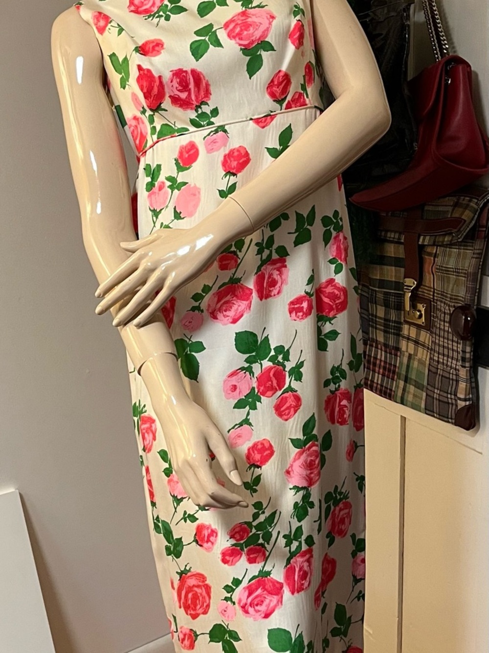 VINTAGE Rose Print Sleeveless Silk  Maxi Dress